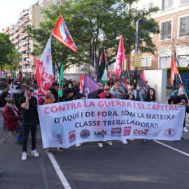La capçalera de la manifestació de la Taula Sindical de Catalunya a Barcelona.