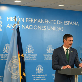 El presidente del Gobierno, Pedro Sánchez, comparece ante los medios de comunicación, en la sede de la Representación Permanente de España ante Naciones Unidas, a 25 de septiembre de 2024, en Nueva York