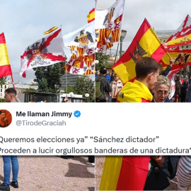 Alegres demócratas se manifiestan contra Pedro Sánchez en la plaza de Colón de Madrid.