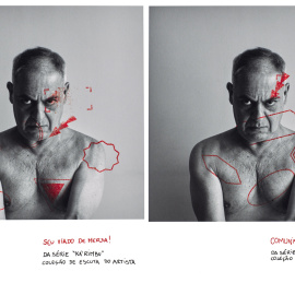 Dadoorian presenta una serie de autorretratos en blanco y negro sobre los que pesan sellos de colores con los insultos más vulgares dirigidos a los hombres gays y a las travestis.