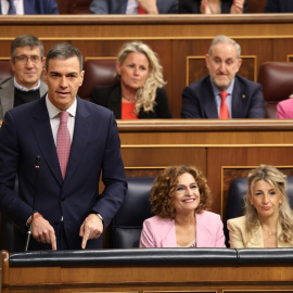 El presidente del Gobierno, Pedro Sánchez, interviene durante una sesión de control al Gobierno en el Congreso de los Diputados, a 14 de mayo de 2025.