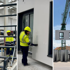 Trabajadores y maquinaria en una planta de construcción industrializada de vivienda.