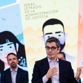 El ministro de la Presidencia, Justicia y Relaciones con las Cortes, Félix Bolaños durante la presentación de la convocatoria, el nombre y la nueva configuración de las becas SERÉ en mayo de 2024.