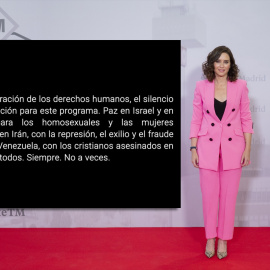 Isabel Díaz Ayuso junto al mensaje emitido en Telemadrid.