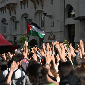 Un momento de la concentración para pedir el fin del comercio de armas con Israel, frente al Congreso de los Diputados, en Madrid, a 20 de mayo de 2025.