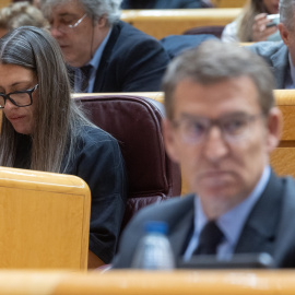 El presidente del PP, Alberto Núñez Feijóo, y Míriam Nogueras, portavoz de Junts, en el Senado en enero de 2024.