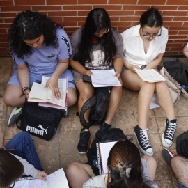 MADRID, 03/06/2025.- Varias estudiantes repasan sus apuntes antes del inicio de la Prueba de Acceso a la Universidad (PAU) en la Universidad Complutense de Madrid. Decenas de miles de alumnos de Bachillerato, aunque también procedentes de Formación Profesional y Artística, estrenan este martes una Prueba de Acceso a la Universidad (PAU) que por primera vez evaluará no solo los conocimientos adquiridos sino también la madurez de los estudiantes. EFE/ Juan Carlos Hidalgo