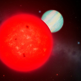 Impresión artística del planeta gigante TOI-6894b, recientemente descubierto, que orbita alrededor de una enana roja.