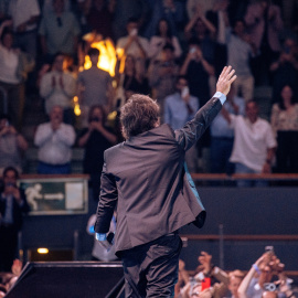 El presidente de Argentina, Javier Milei, interviene durante la última jornada del Madrid Economic Forum, en el Palacio de Vistalegre, a 8 de junio de 2025.