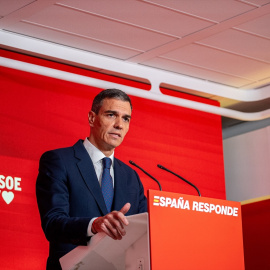El presidente del Gobierno y secretario general del PSOE, Pedro Sánchez, durante la rueda de prensa en Ferraz del a 12 de junio de 2025.
