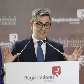 El ministro de Presidencia, Justicia y Relaciones con las Cortes, Félix Bolaños, este viernes su intervención en la XV edición del Premio Gumersindo de Azcárate del colegio de Registradores en Madrid.