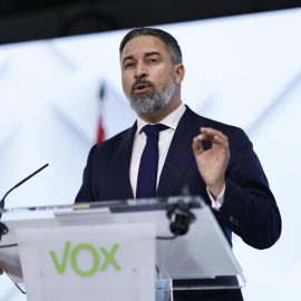 MADRID, 16/06/2025.- El líder de Vox, Santiago Abascal, durante la rueda de prensa ofrecida tras la reunión del Comité de Acción Política, este lunes en Madrid.