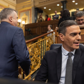 El ex secretario de Organización del PSOE, Santos Cerdán y el presidente del Gobierno, Pedro Sánchez durante una sesión de control al Gobierno, en el Congreso de los Diputados, a 28 de febrero de 2024.