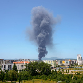 VITORIA, 20/06/2025.- Un incendio ocurrido este viernes en la fábrica del productos de higinene personal LEA, en Vitoria, ha causado llamaradas de varios metros de altura y una densa columna de humo que es visible desde toda la ciudad. EFE / L. Rico