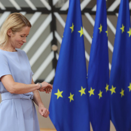 La representante europea de exteriores, Kaja Kallas, durante el Consejo de Asuntos Exteriores europeo, en Bélgica, a 23 de junio de 2025.