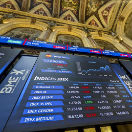 Paneles informativos de la Bolsa de Madrid.