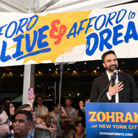 June 25, 2025, New York, New York, USA: ZOHRAN MAMDANI speaks during the 'Zohran For NYC Election Night Party' in New York City. Democratic nominee Zohran Mamdani and his supporters gathered for a 'Zohran For NYC Election Night Party' in New York City.  Mamdani would lead the first round of the Democratic Primary, with Andrew Cuomo conceding the nomination. (Credit Image: © Derek French/SOPA Images via ZUMA Press Wire)