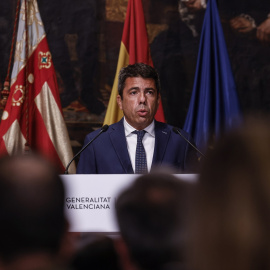 El president de la Generalitat, Carlos Mazón, interviene durante el acto de presentación del Plan Endavant a 30 de junio de 2025, en València (España).