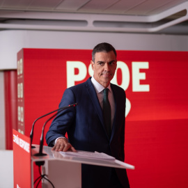 El secretario general del PSOE y presidente del Gobierno, Pedro Sánchez, durante una rueda de prensa, en la sede del PSOE de la calle Ferraz, a 16 de junio.