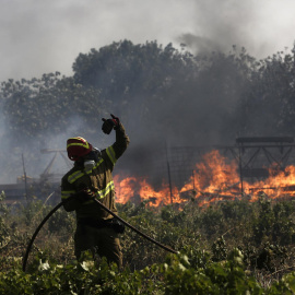 Un bombero intenta extinguir un incendio forestal cerca de las zonas de Pikermi y Spata, al este de Atenas, Grecia.