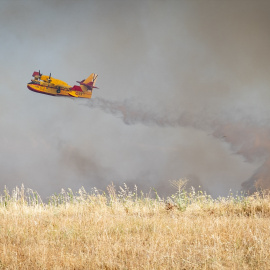 Un hidroavión trata de apagar el incendio, a 17 de julio de 2025, en Navalcarnero.