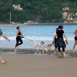 Varias personas caminan y corren con sus perros en la playa de La Concha