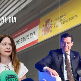 Leire Díez y Juan Manuel Moreno Bonilla con una oficina del SEPE de fondo.