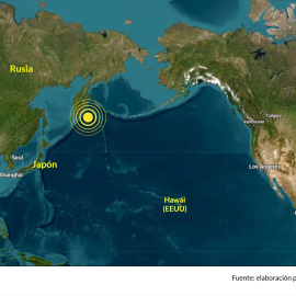 Mapa del terremoto de magnitud 8,8 en la escala Richter en la península de Kamchatka, Rusia.