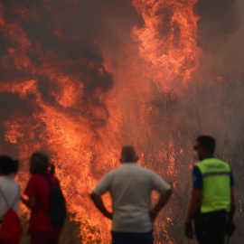 GRAF8039. O CAÑIZO (OURENSE), 14/08/2025.- Varias personas luchan contra las llamas del incendio de A Gudiña (Ourense), este jueves. La DGT ha informado de que la circulación en la autovía A-52 está cortada entre los kilómetros 124 y 129 por los incendios forestales, concretamente en la zona de A Gudiña. La autovía está cortada en ese tramo en ambos sentidos y también está afectada la N-525 en los puntos kilométricos 129 y 86. EFE/ Sxenick