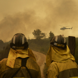 Extinción del fuego en la carretera de acceso a la población de Cualedro, a 15 de agosto de 2025, en Ourense.
