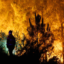 Un vecino ve el avance del fuego, a 25 de agosto de 2025, en A Pobra de Brollón, Lugo, Galicia (España).