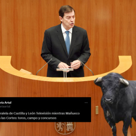 El presidente de la Junta de Castilla y León, Alfonso Fernández Mañueco, junto a un toro.