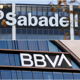 Los logos del Banco Sabadell y del BBVA en sus respectivas sedes.