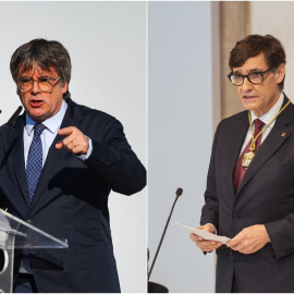 Carles Puigdemont, el 8 d'agost durant la seva reaparició a Catalunya, i Salvador Illa, el 10 d'agost, durant l'acte de presa de possessió com a president de la Generalitat.
