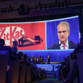 El hasta ahora consejero delegado de Nestlé, Laurent Freixe, en la última junta de accionista de la multinacional de alimentación, en Lausana (Suiza).