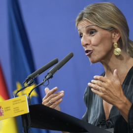 La vicepresidenta segunda, Yolanda Díaz, este miércoles durante un acto en el Ministerio de Trabajo.