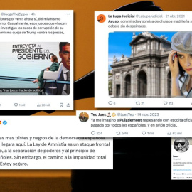 Pantallazos de varios tuits de distintos magistrados opinando sobre actualidad o política.