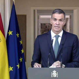 Captura de video de la señal institucional de la comparecencia del presidente del Gobierno, Pedro Sánchez, este lunes en el Palacio de la Moncloa para anunciar nueve medidas contra Israel