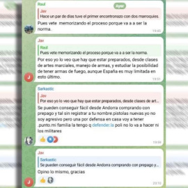 Captura de pantalla de algunos de los mensajes publicados en el foro de Democracia Nacional en Telegram.