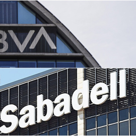 Los logos de BBVA y de Banco Sabadell en sus respectivas sedes corporativas en Madrid y en Sant Cugat del Valles.