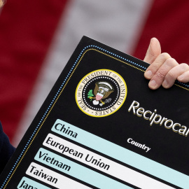 Fotografía de archivo del presidente de EEUU, Donald Trump, en los jardines de la Casa Blanca el pasado 2 de abril, cuando anunció la imposición de "aranceles recíprocos".