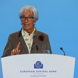 La presidenta del BCE, Christine Lagarde, durante la rueda de prensa posterior a la reunión del Consejo de Gobierno de la entidad, en su sede en Fráncfort.