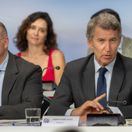 l presidente del PP, Alberto Núñez Fiejóo, acompañado por el secretario general del PP, Miguel Tellado, preside la reunión de la Junta Nacional del Partido Popular, a 15 de septiembre de 2025, en Madrid (España).