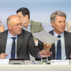 En primer plano, Miguel Tellado y Alberto Núñez Feijóo, durante la reunión de la junta nacional del PP el pasado lunes en Madrid