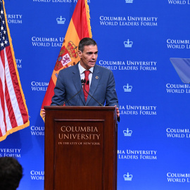 El presidente del Gobierno, Pedro Sánchez, durante su intervención en un acto de la Universidad de Columbia en Nueva York.