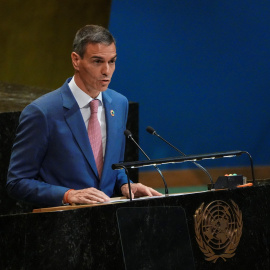 El presidente del Gobierno, Pedro Sánchez, durante su intervención en la ONU con motivo de la Conferencia Internacional para la solución pacífica en Palestina.