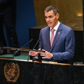 El presidente del Gobierno, Pedro Sánchez, este lunes en la Conferencia Internacional sobre Palestina celebrada en la ONU.