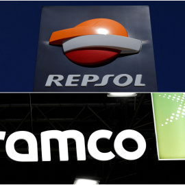 Los logos de las petrolera Repsol y Aramco.