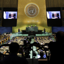 El presidente de Palestina, Mahmoud Abbas, comparece por videollamada en la ONU.