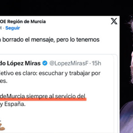 El PSOE murciano muestra el tuit publicado y después borrado por López Miras.